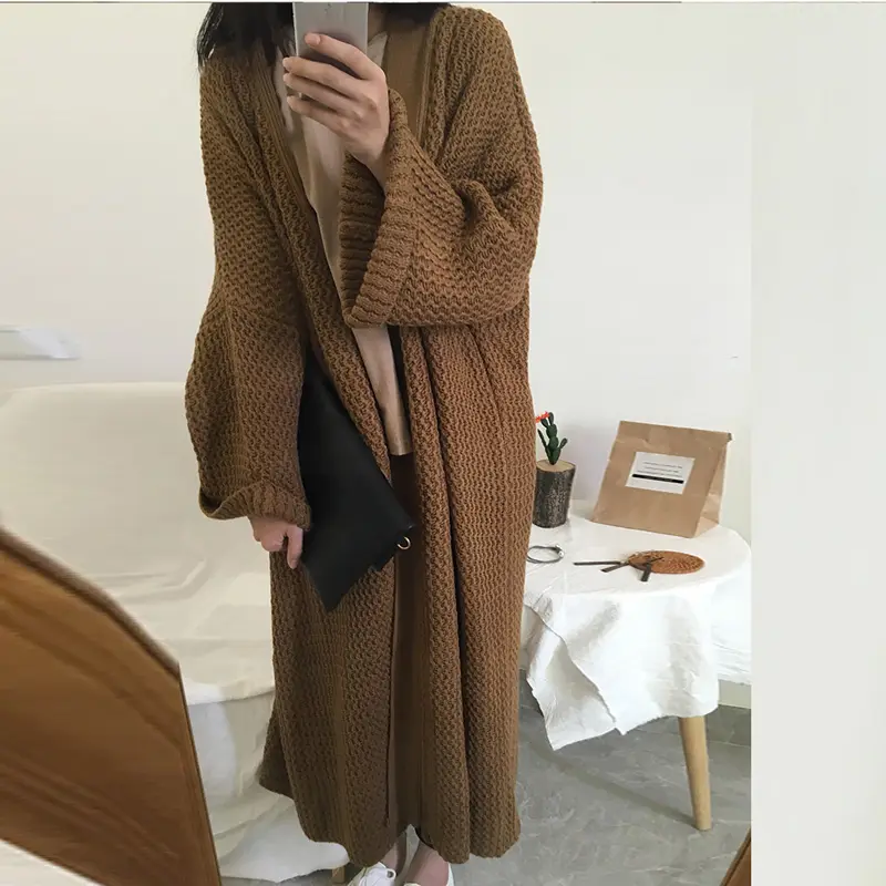 Open Front Drop Shoulder Knit Cardigan_Brown 2