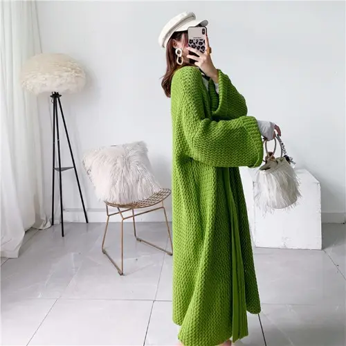 Open Front Drop Shoulder Knit Cardigan_Yellow Green