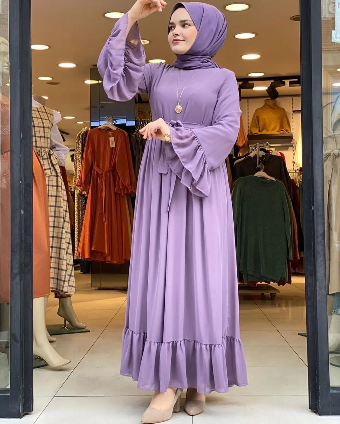 Scoop Neck Pleated Flare Dress_2_Light Purple