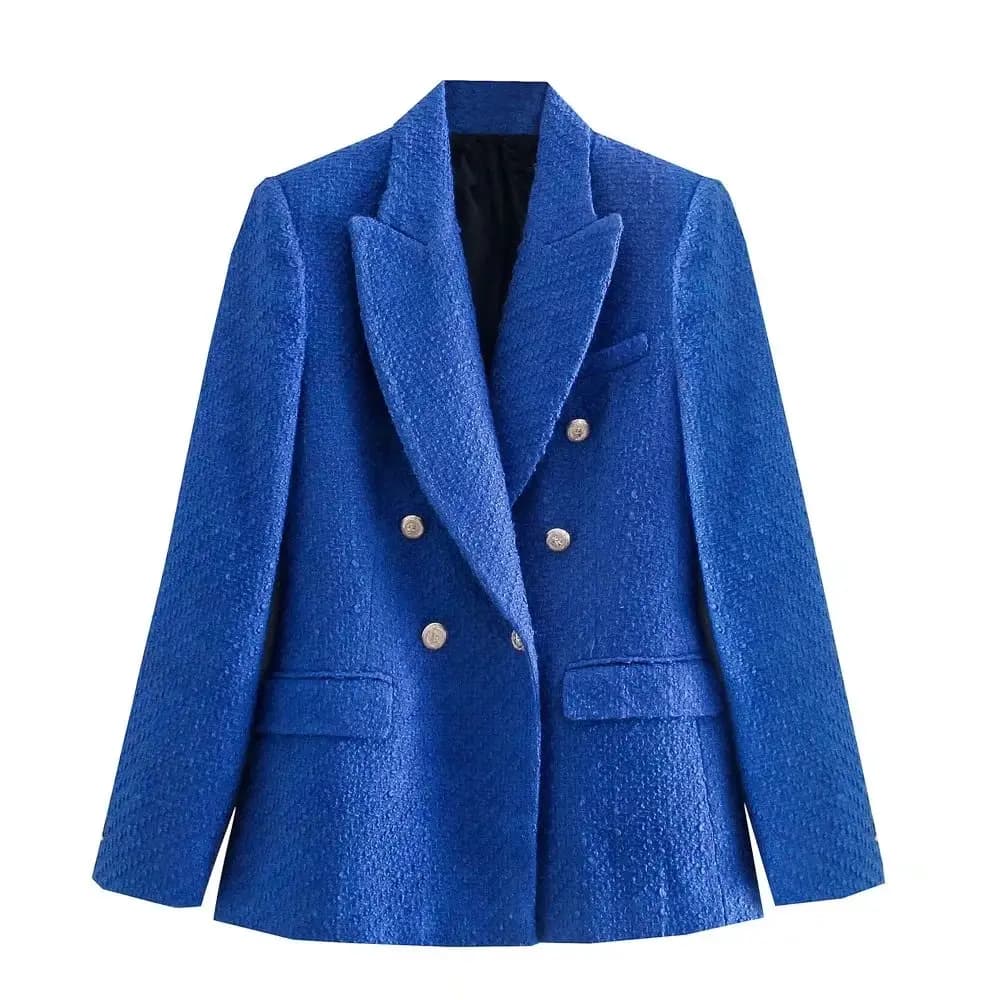 Tweed Gold Button Blazer_Blue
