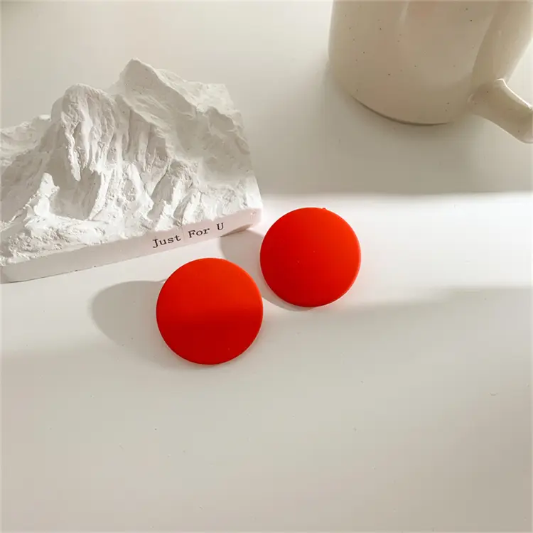 Solid Circle Disc Stud Earrings_Red