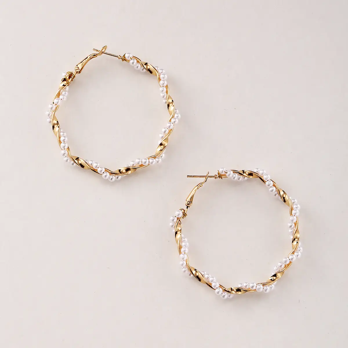 Gold Twist Hoop Pearl Trim Earrings_3