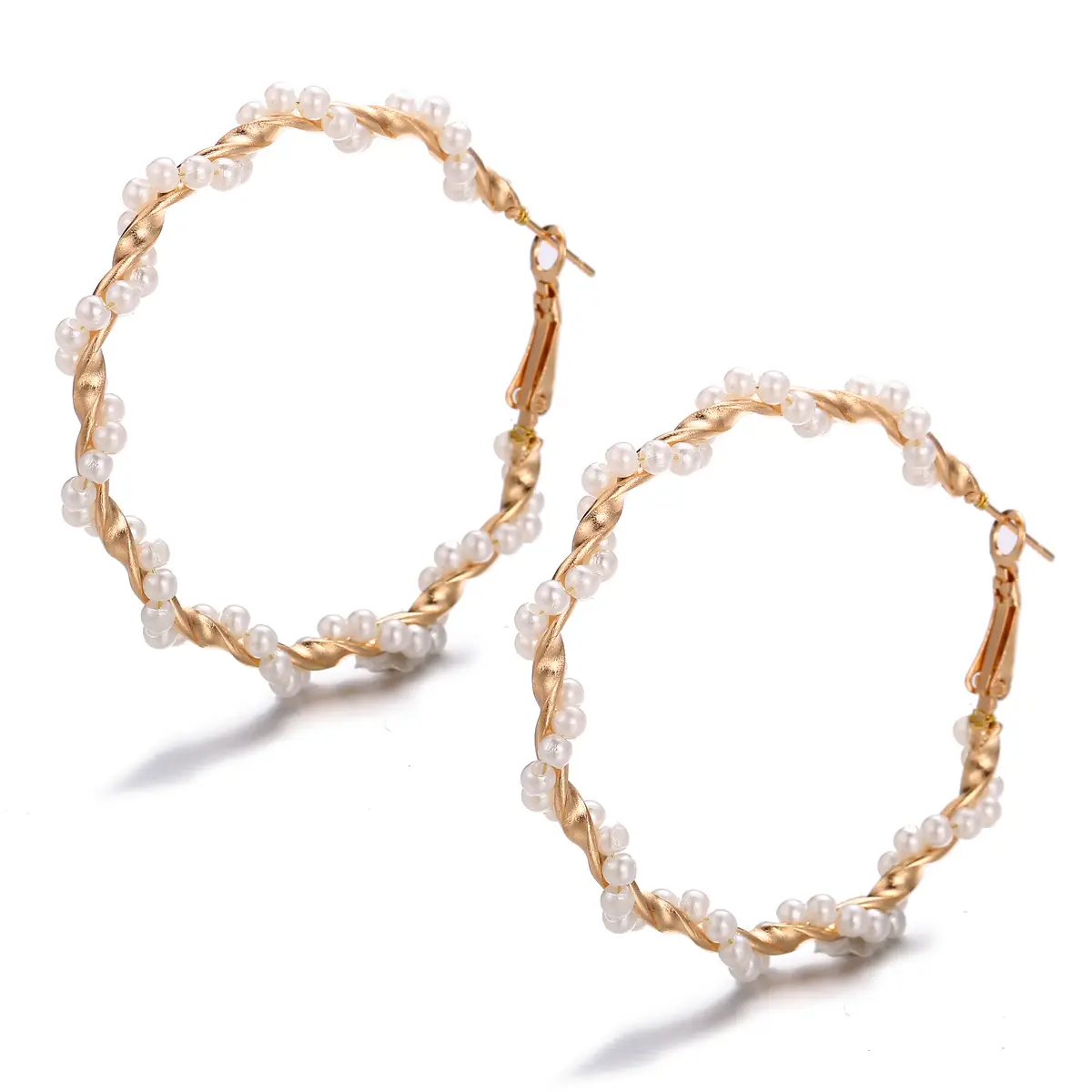 Gold Twist Hoop Pearl Trim Earrings_4
