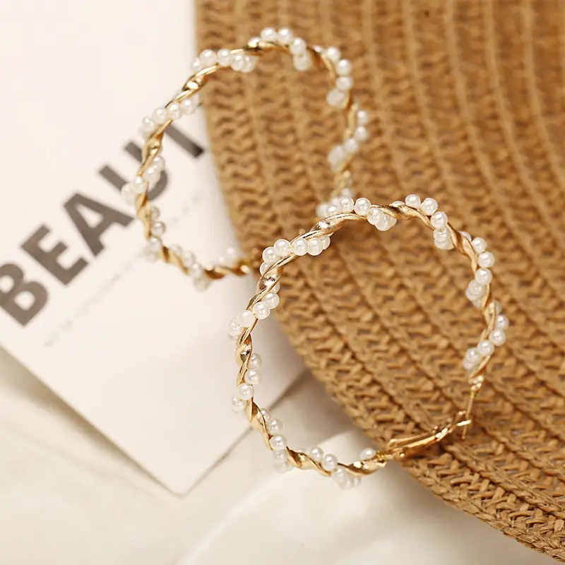 Gold Twist Hoop Pearl Trim Earrings_6