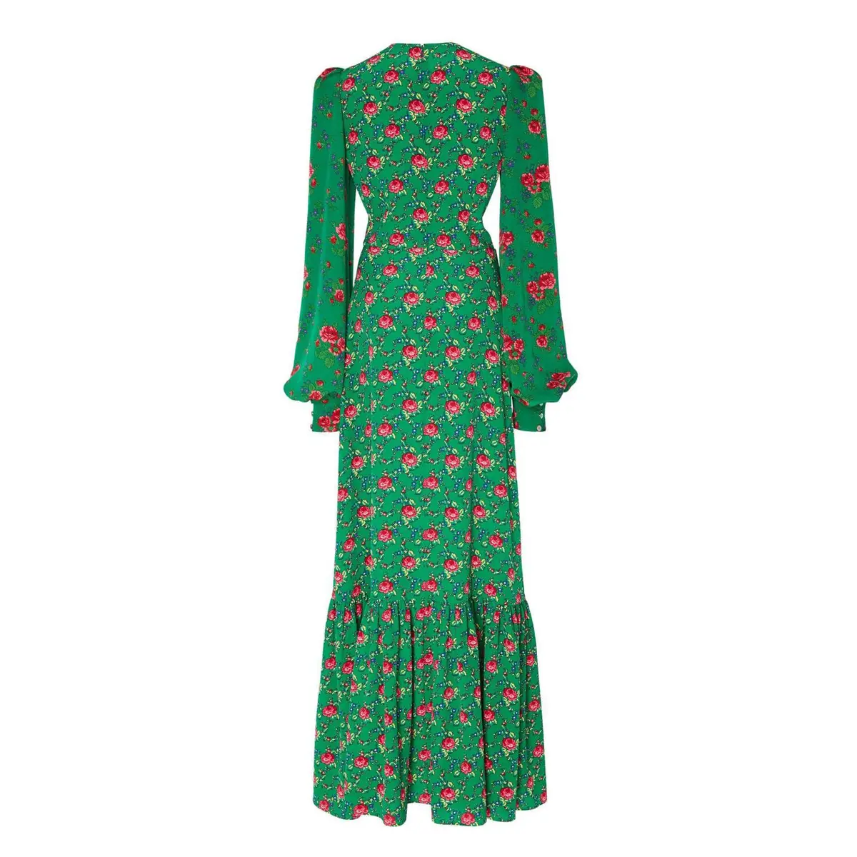 Floral Print Lantern Sleeve Green Maxi Dress-1