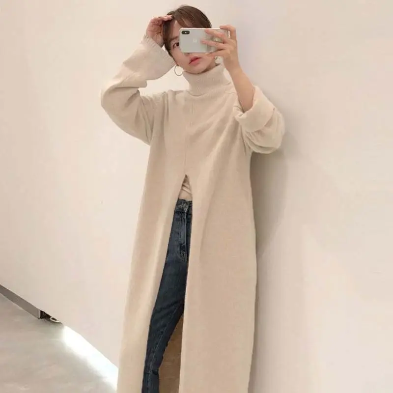 Knitted High Neck Maxi Sweater with Slit-4