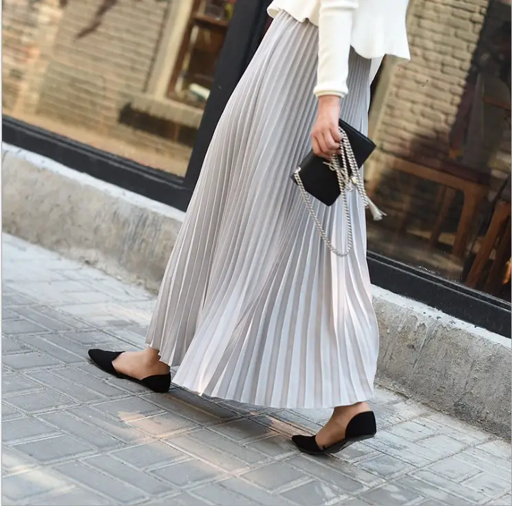 Solid Pleated Ankle Length Skirt_Gray