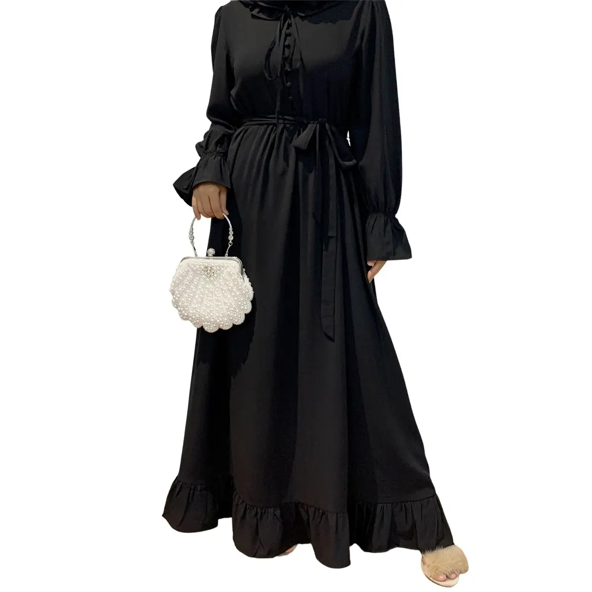 Ruffle Slip-On Smock Dress_Black