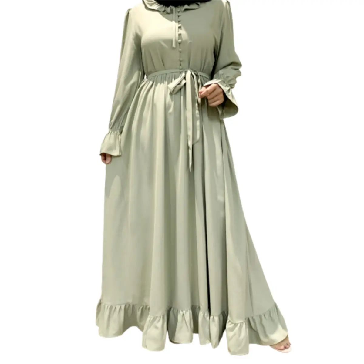 Ruffle Slip-On Smock Dress_Beige green