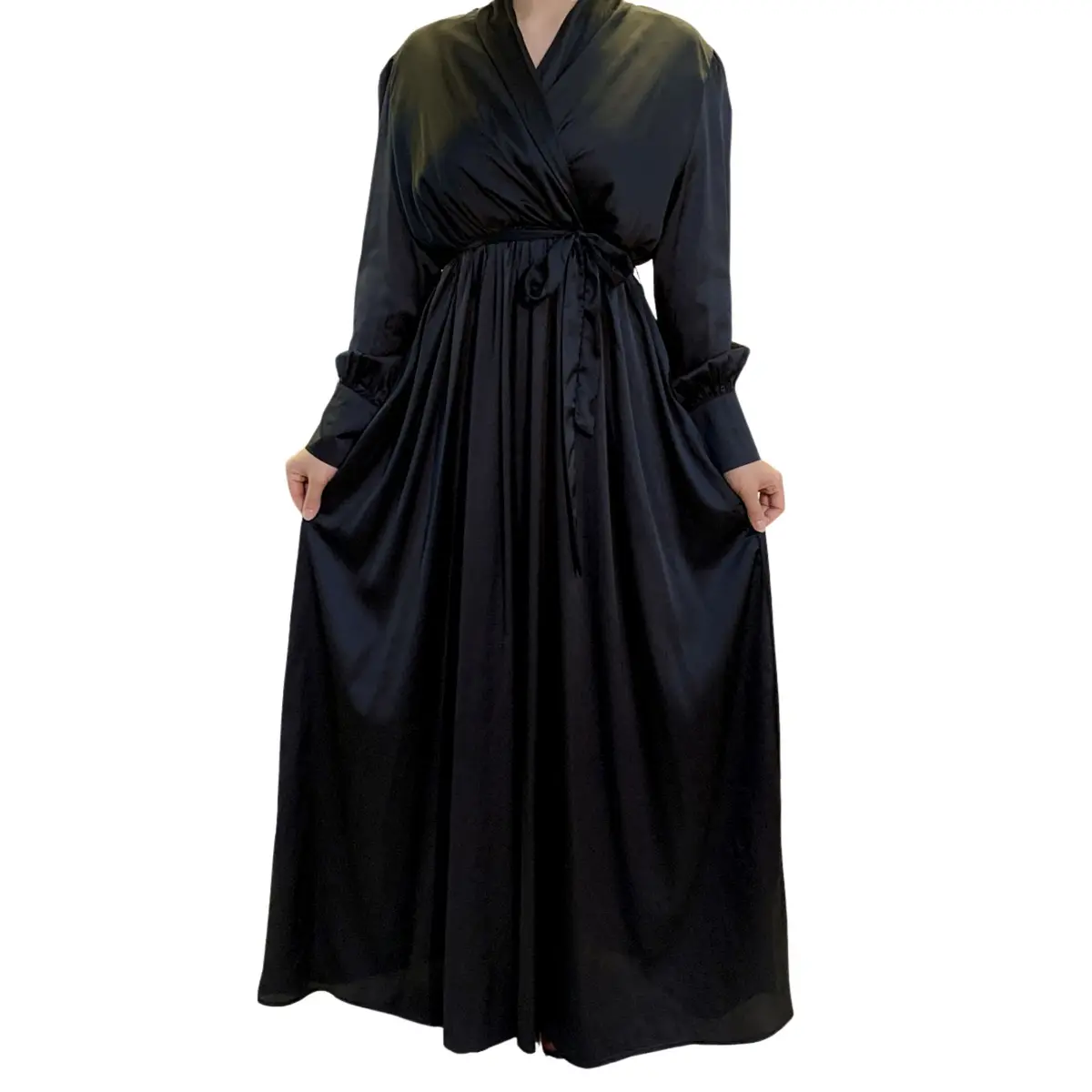 V-Neck Satin Wrap Maxi Dress-black