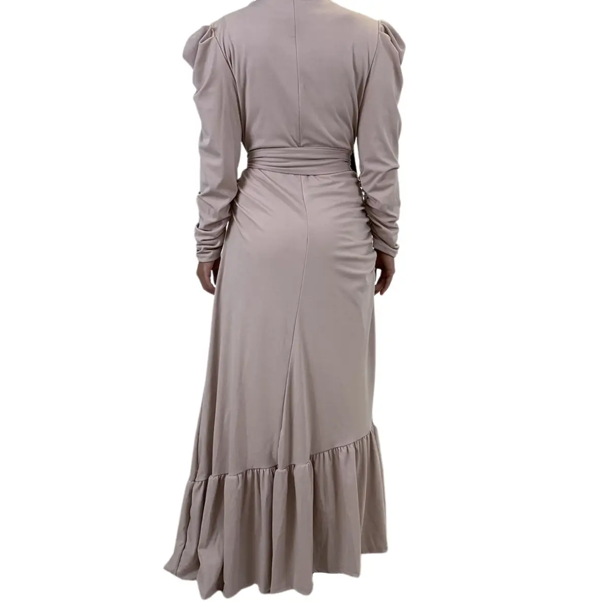 Long Sleeve Ruffle Party Maxi Dress_khaki back