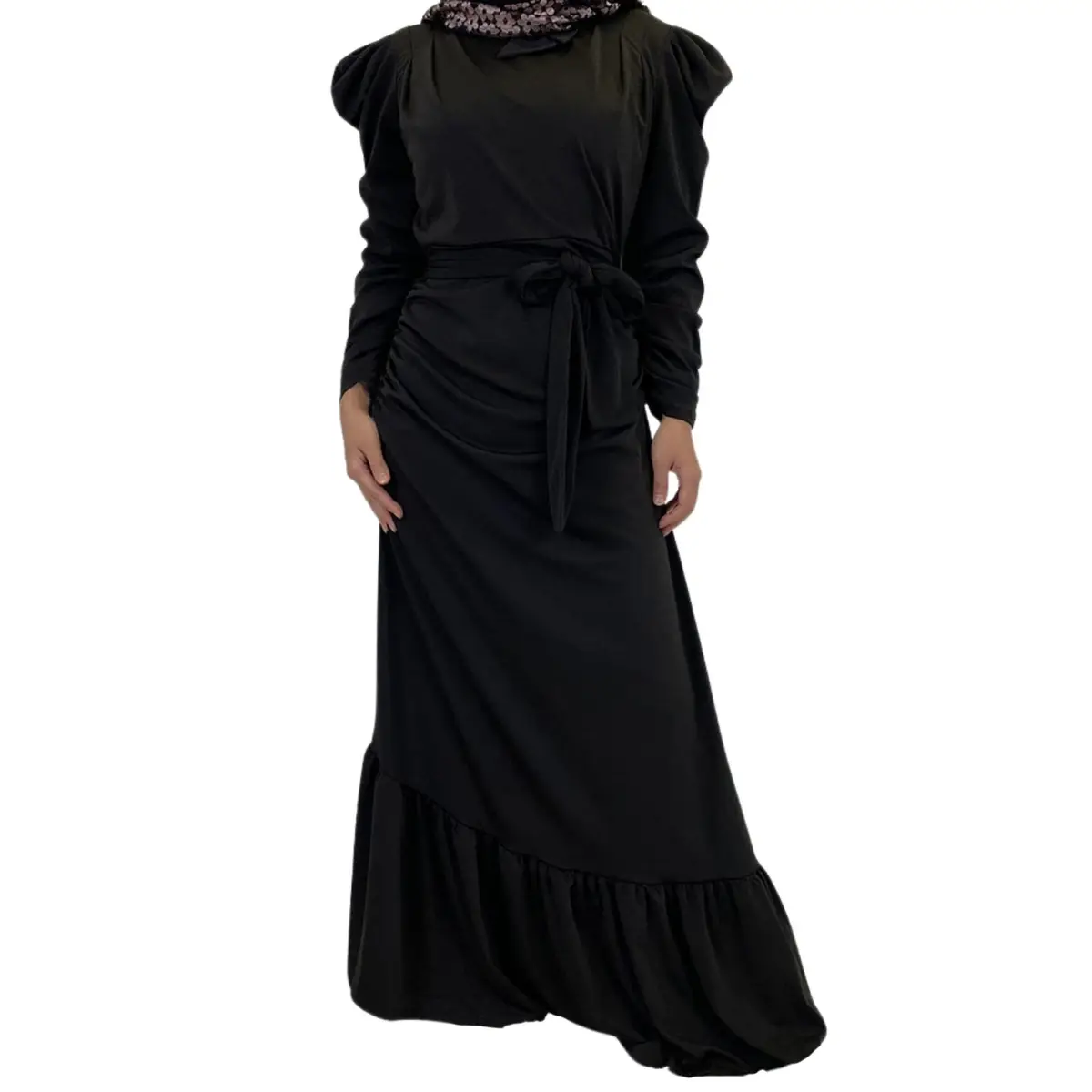 Long Sleeve Ruffle Party Maxi Dress_black