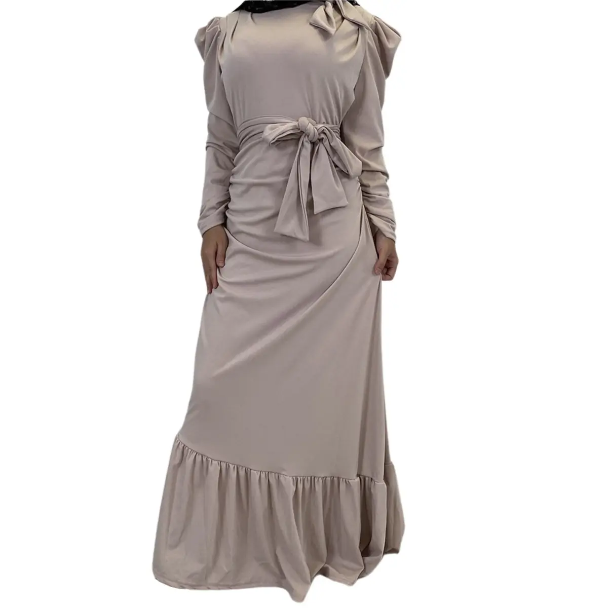 Long Sleeve Ruffle Party Maxi Dress_khaki