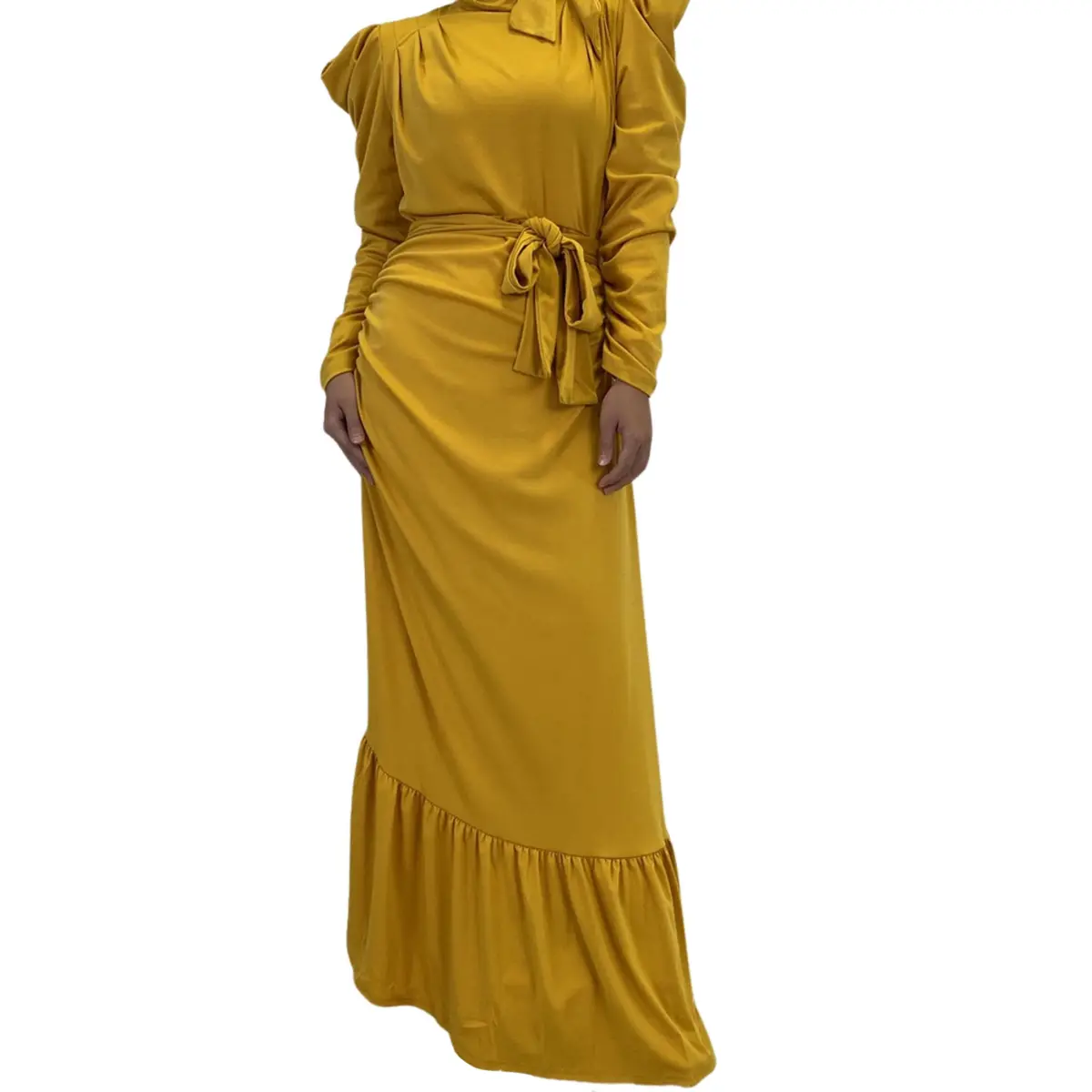 Long Sleeve Ruffle Party Maxi Dress_mustard yellow