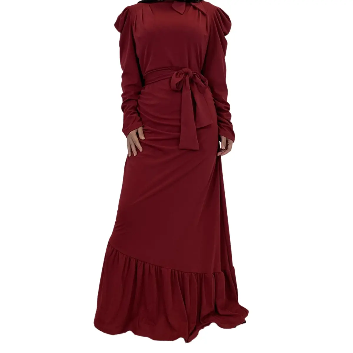 Long Sleeve Ruffle Party Maxi Dress_maroon