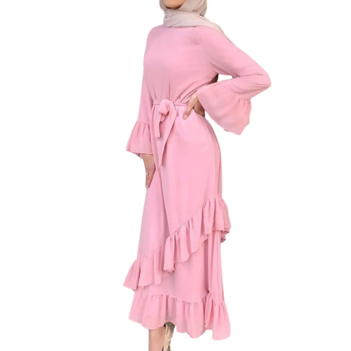 Classic Layered Ruffled Dress_3_Pink