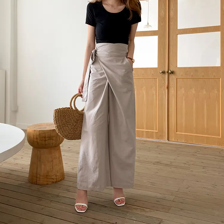 Linen Wide-Leg Wrap Tie Palazzo Pants_beige
