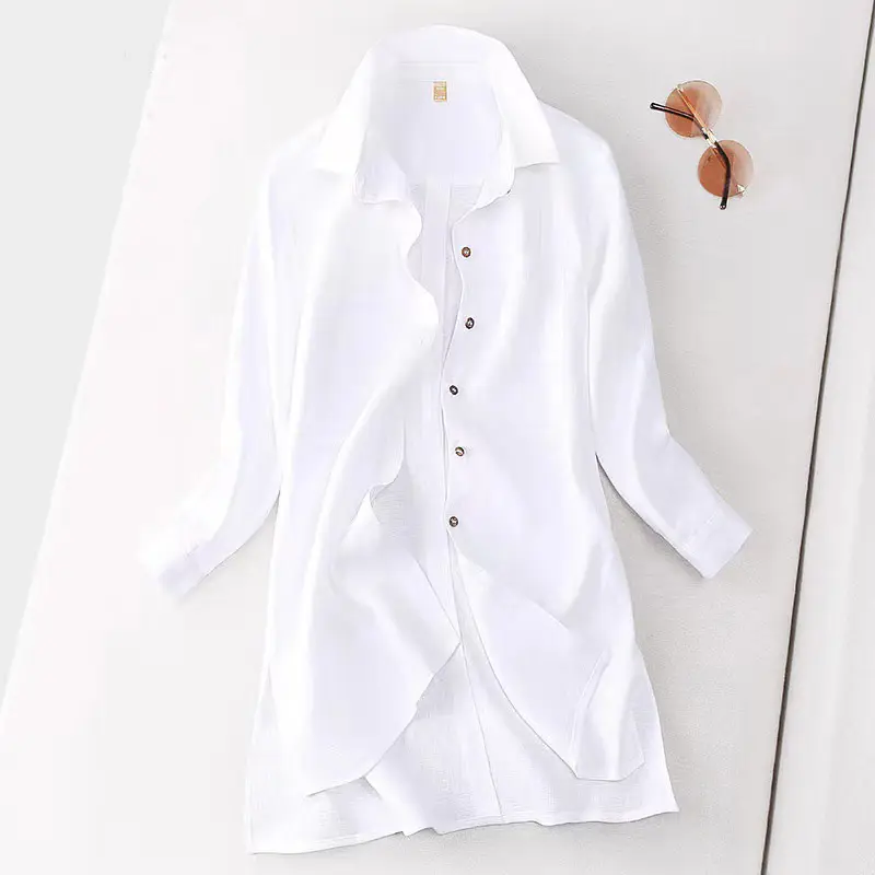 Long Sleeve Linen Collared Blouse-white