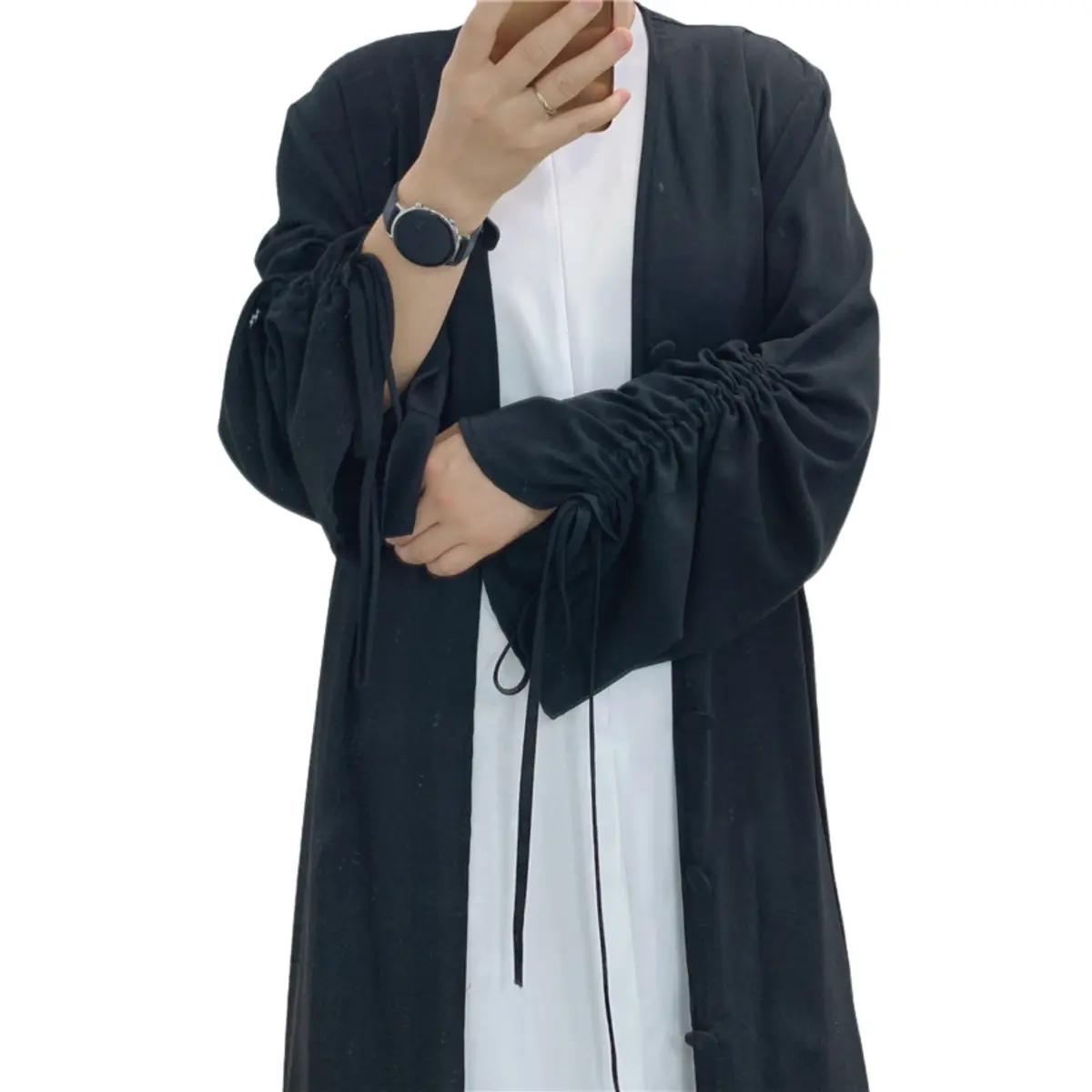 Ruched Sleeve Button Up Abaya_4