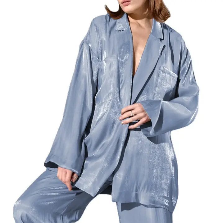 Organza Two-Piece Blazer and Trouser Set_Gray blue