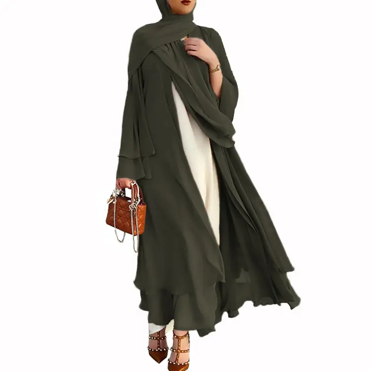 Open Front Chiffon Abaya_Army_Green