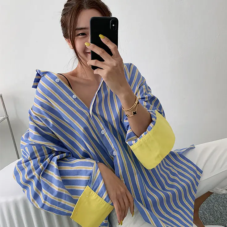 Button Up Long Sleeve Striped Blouse_1