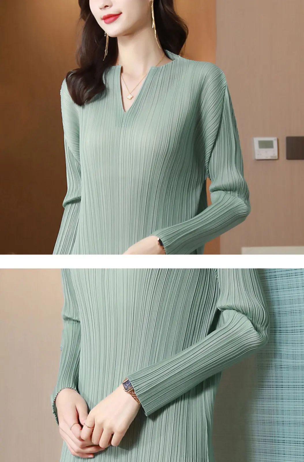 Pleated Long Sleeve Slim Fit Midi Dress_1