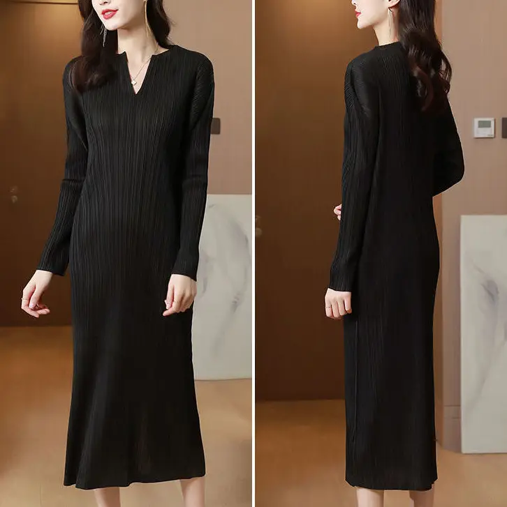Pleated Long Sleeve Slim Fit Midi Dress_12