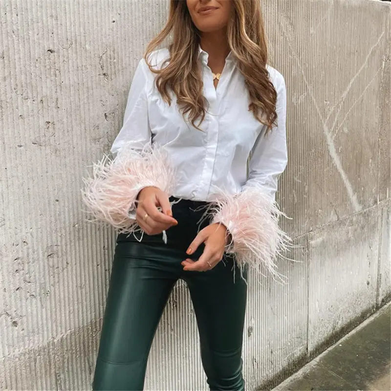 Feather Trim Button-Up Blouse_4
