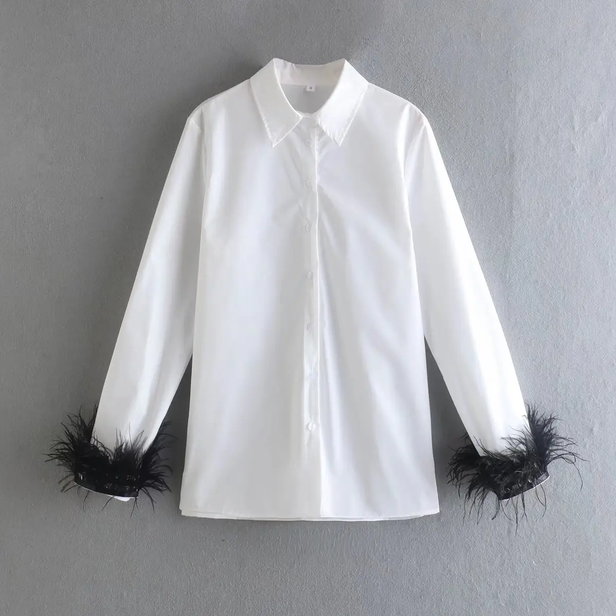 Feather Trim Button-Up Blouse_12
