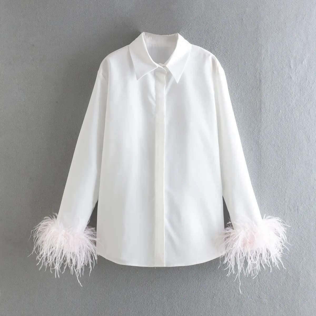 Feather Trim Button-Up Blouse_11