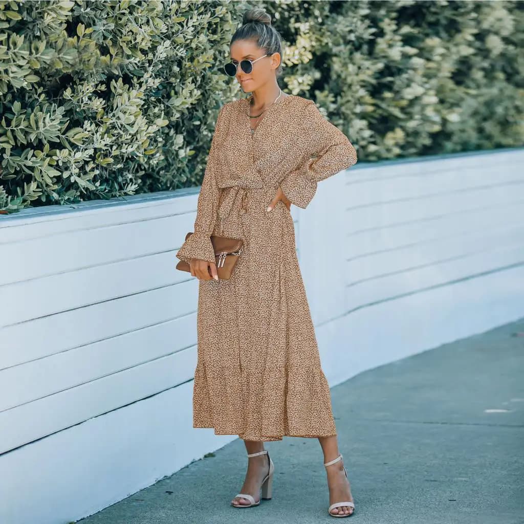V-neck Printed Belted Dress_9