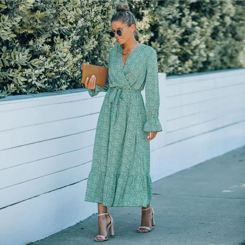 V-neck Printed Belted Dress_11
