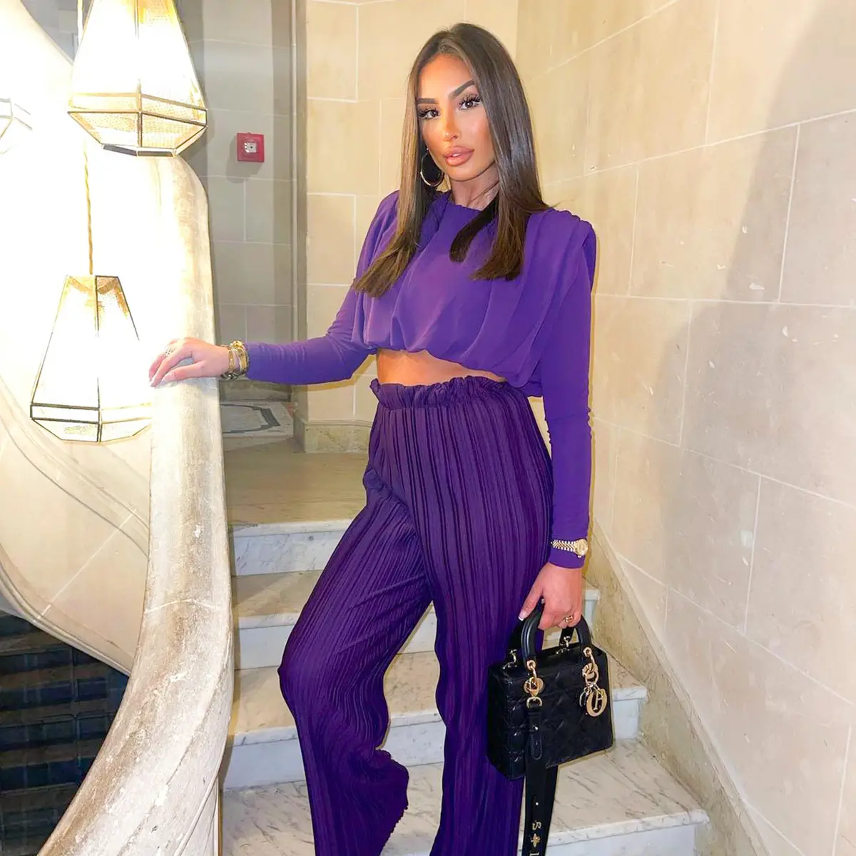 Purple Long Sleeves Crop Top and Pleated Pants Set_3