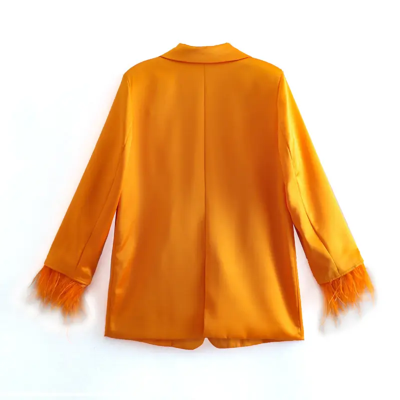 Feather-trim Orange Long Sleeve Blazer and Pants Set_19