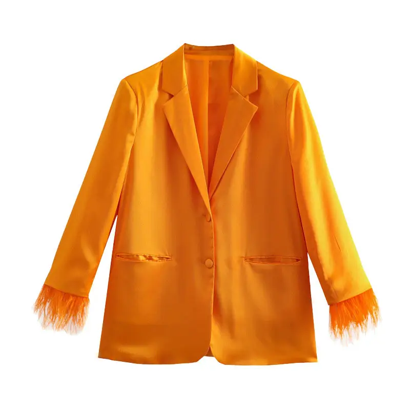 Feather-trim Orange Long Sleeve Blazer and Pants Set_1