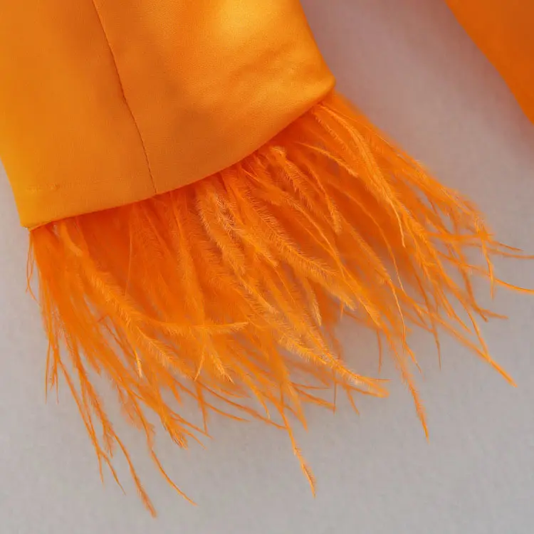 Feather-trim Orange Long Sleeve Blazer and Pants Set_2