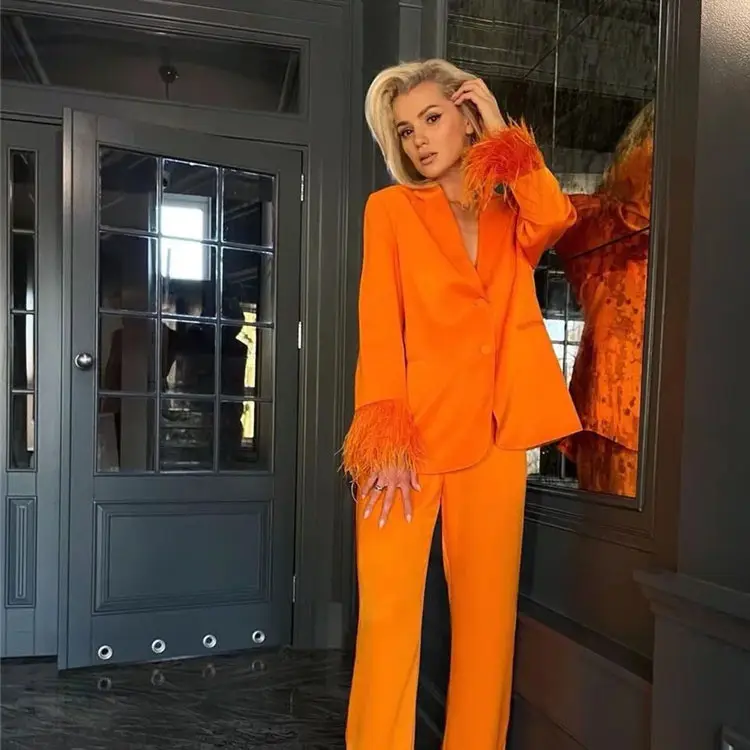 Feather-trim Orange Long Sleeve Blazer and Pants Set_4