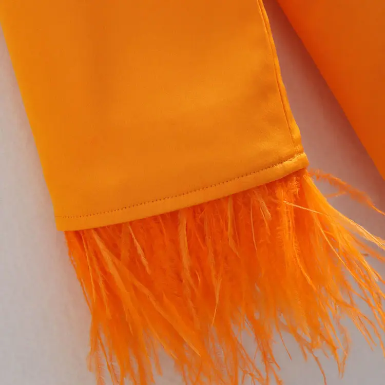 Feather-trim Orange Long Sleeve Blazer and Pants Set_6