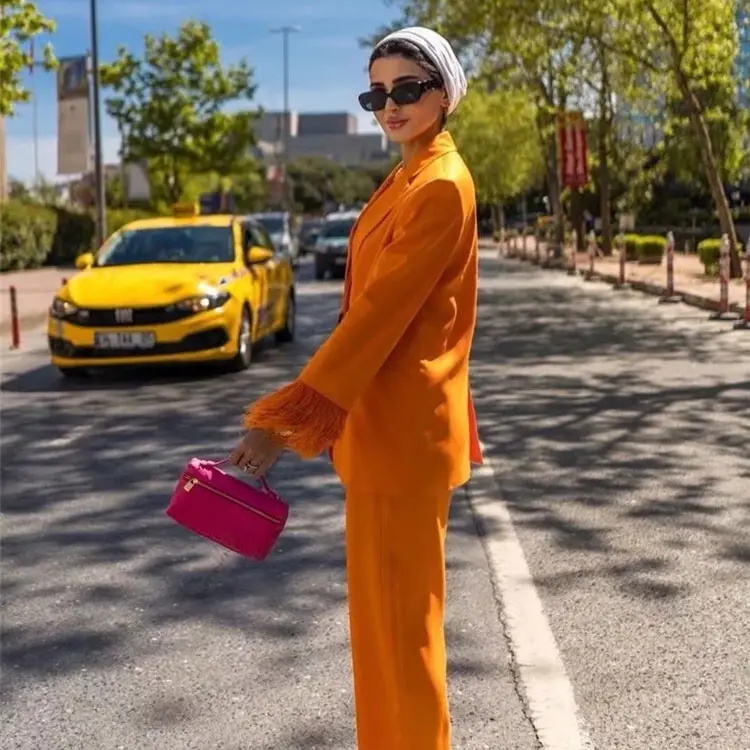 Feather-trim Orange Long Sleeve Blazer and Pants Set_7