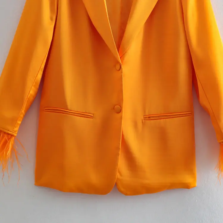 Feather-trim Orange Long Sleeve Blazer and Pants Set_9