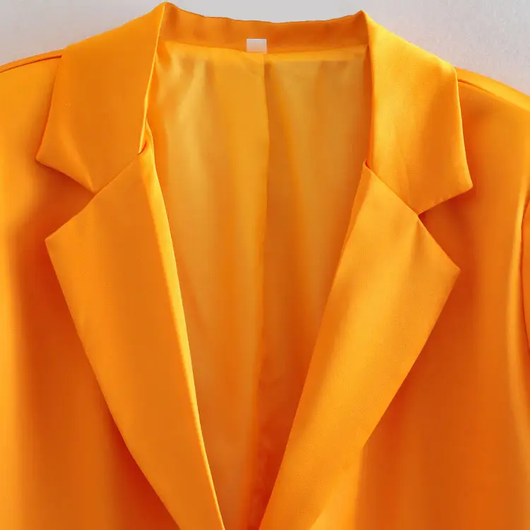 Feather-trim Orange Long Sleeve Blazer and Pants Set_10