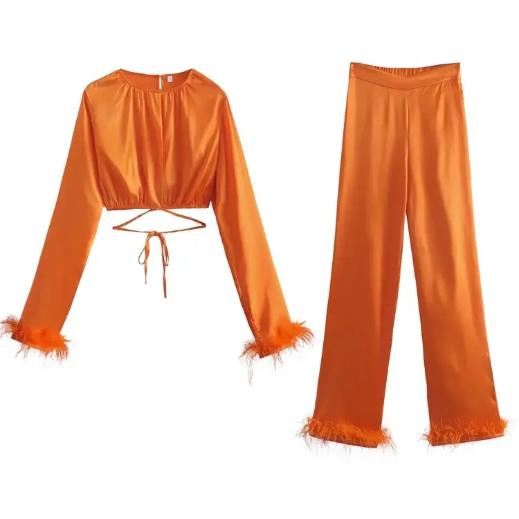 Orange Burst Feather-trim Crop Top and Pants Set_featured