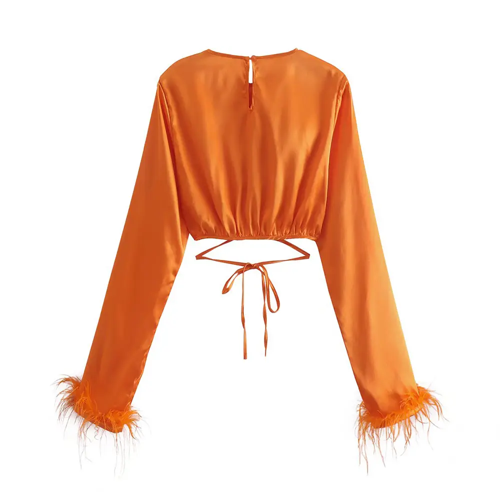 Orange Burst Feather-trim Crop Top and Pants Set_1