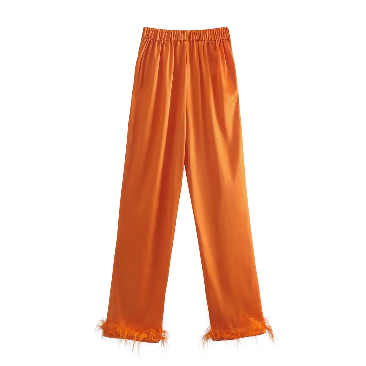 Orange Burst Feather-trim Crop Top and Pants Set_5