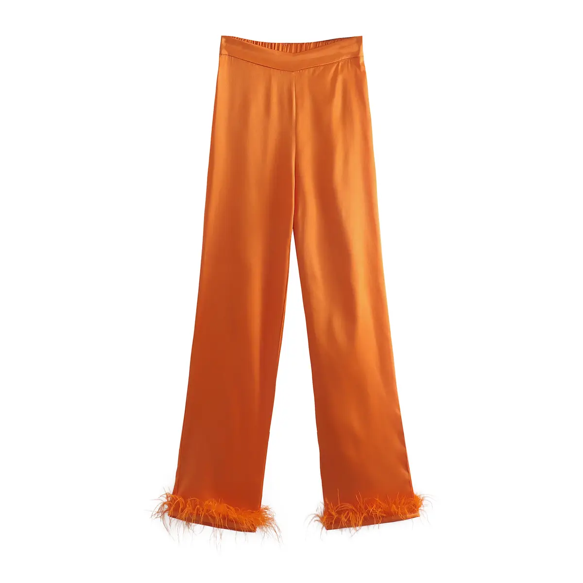 Orange Burst Feather-trim Crop Top and Pants Set_7