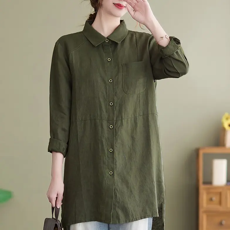 Long Sleeve Linen Collared Blouse-5