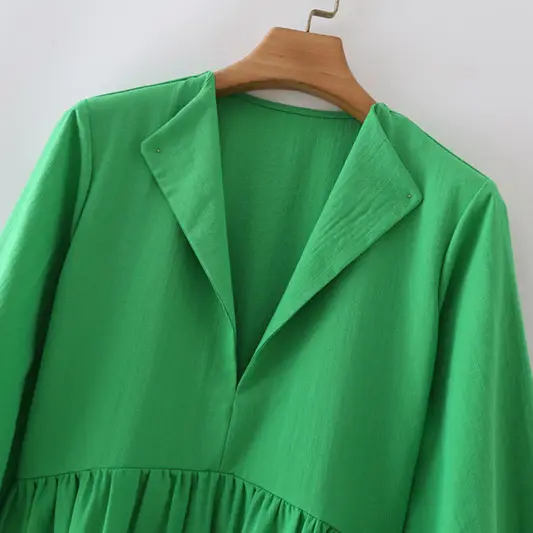 Green Open Collar Smock Dress_4