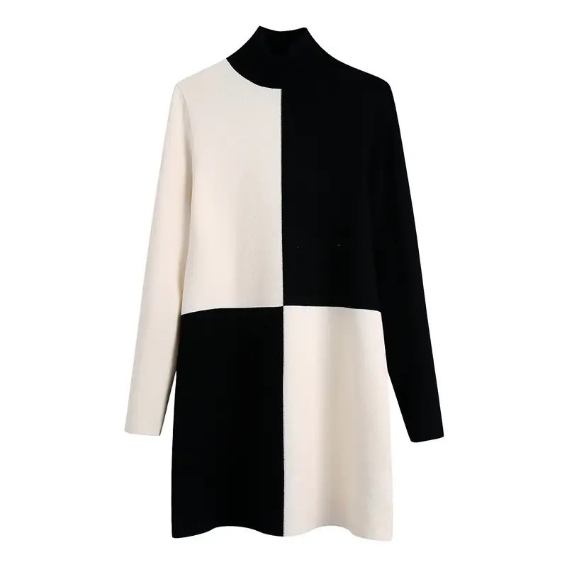 Black and White Color Block High Neck Sweater_1