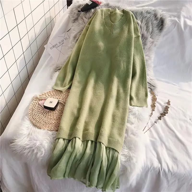 Elegant V-neck Loose Sweater Dress with Ruffles_8_AvocadoGreen